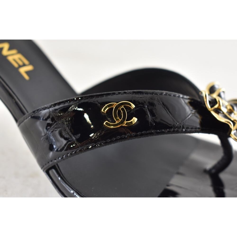 Chanel 26A Black Crocodile Croc CC Flower Backless Mule Heel Thong Sandal 37 - Picture 7 of 16